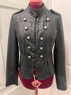 FOREVER 21 Double Breasted Military Button Faux Leather Jacket Blazer Medium